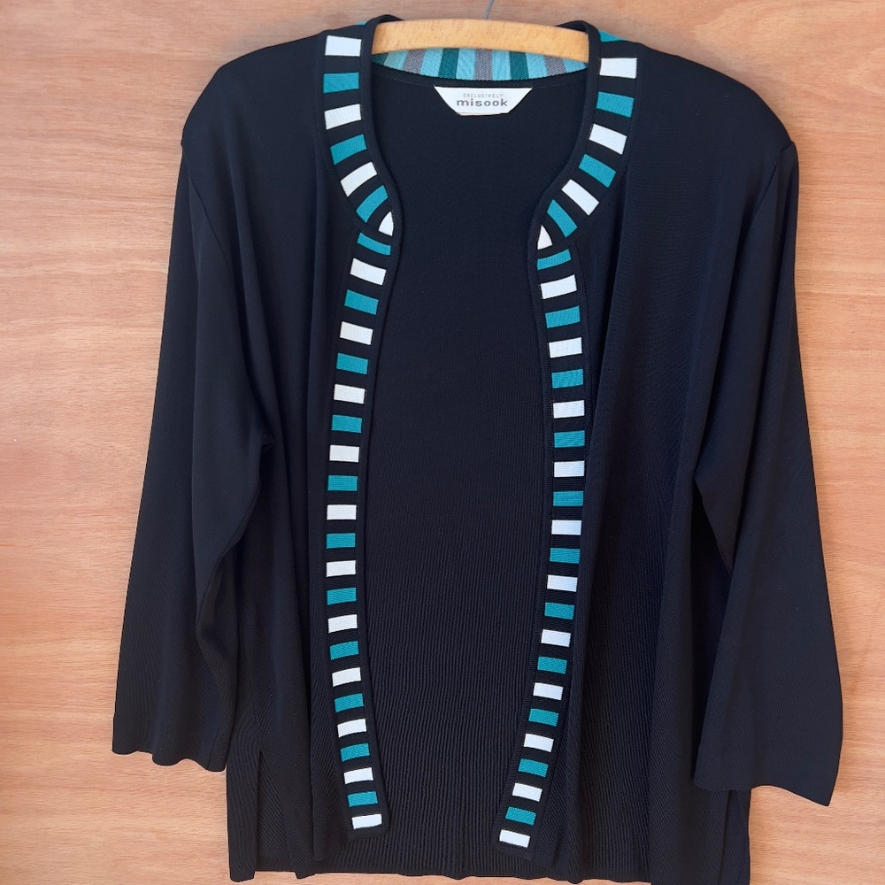 Exclusively Misook open front knit cardigan sweater sz XL black teal white pads